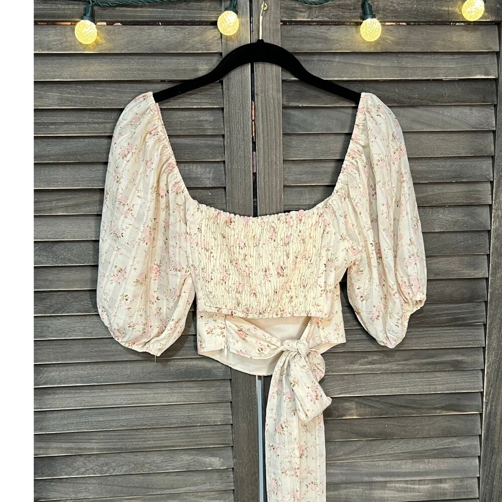Altar’d State Floral Smocked Crop Top Small Puff Sleeve Tie Back Romantic